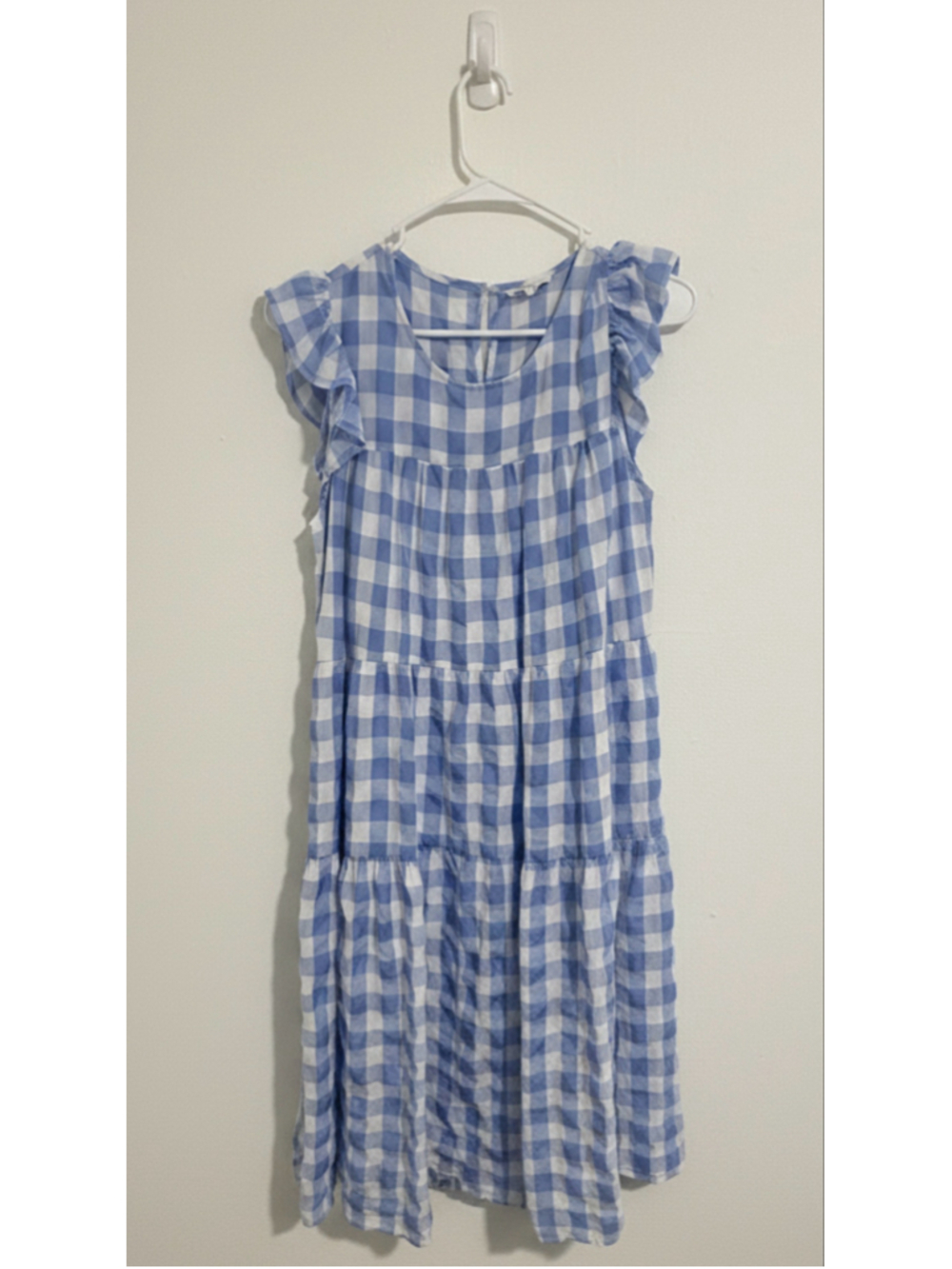 Entro Blue & White Gingham Tiered Ruffle Sleeve Short Dress Size Large